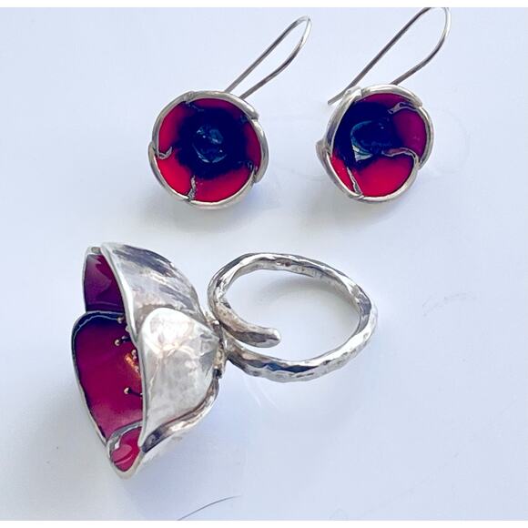 Red Poppy Flower RING & EARRINGS Set 925 Sterling Silver Adjustable Size - Picture 13 of 14